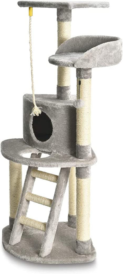 Cat Condo Tree Tower with Scratching Post and Step Ladder - 19 X 19 X 52 Inches, Light Grey