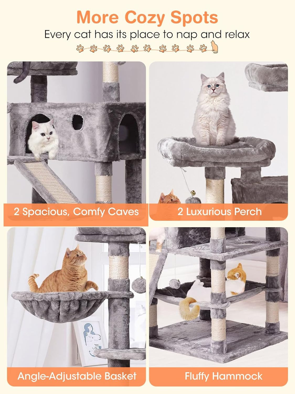 Cat Tree Cat Tower 70.1 In, Multi Level Cat Scratching Post with Condos, Ladders, Basket, Hammock & Plush Perches for Kittens, Large Cats, Light Gray