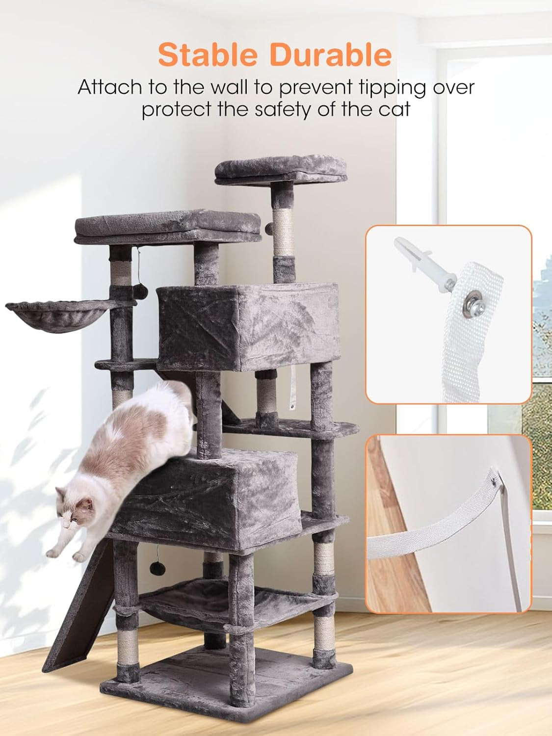 Cat Tree Cat Tower 70.1 In, Multi Level Cat Scratching Post with Condos, Ladders, Basket, Hammock & Plush Perches for Kittens, Large Cats, Light Gray