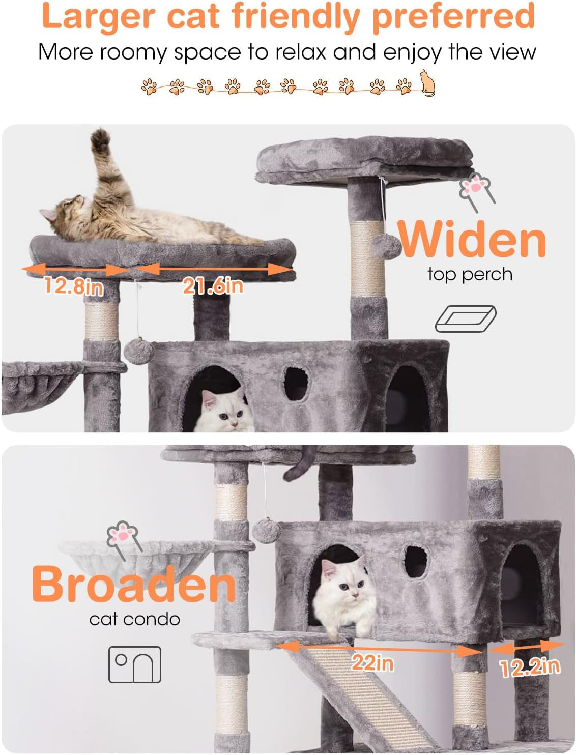 Cat Tree Cat Tower 70.1 In, Multi Level Cat Scratching Post with Condos, Ladders, Basket, Hammock & Plush Perches for Kittens, Large Cats, Light Gray