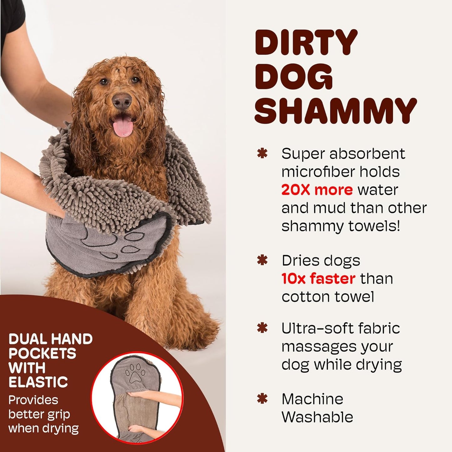 the Dirty Dog Shammy - Fast Drying Plush Shammy Towel with Dual Hand Pockets and Elastic - Super Absorbent Microfiber and Machine Washable - Grey