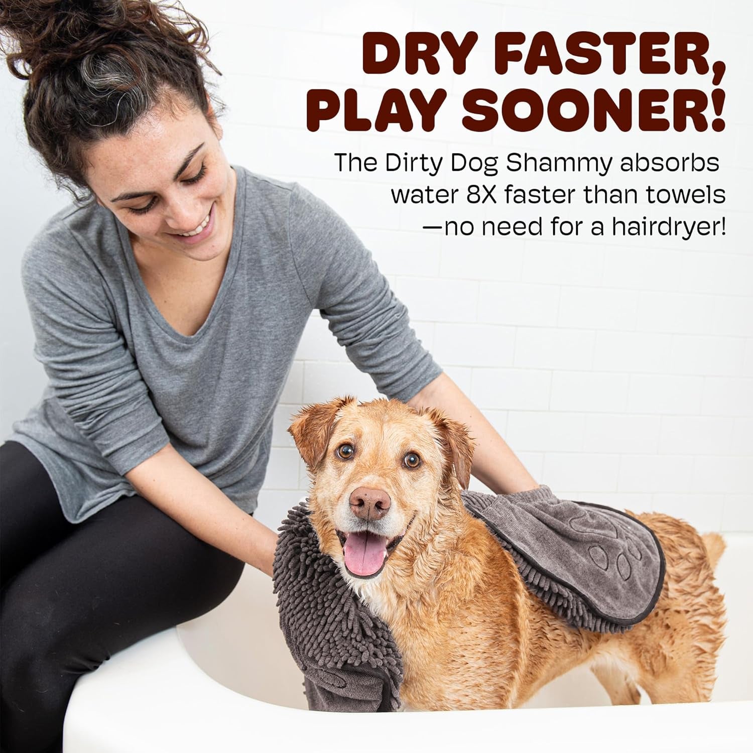 the Dirty Dog Shammy - Fast Drying Plush Shammy Towel with Dual Hand Pockets and Elastic - Super Absorbent Microfiber and Machine Washable - Grey