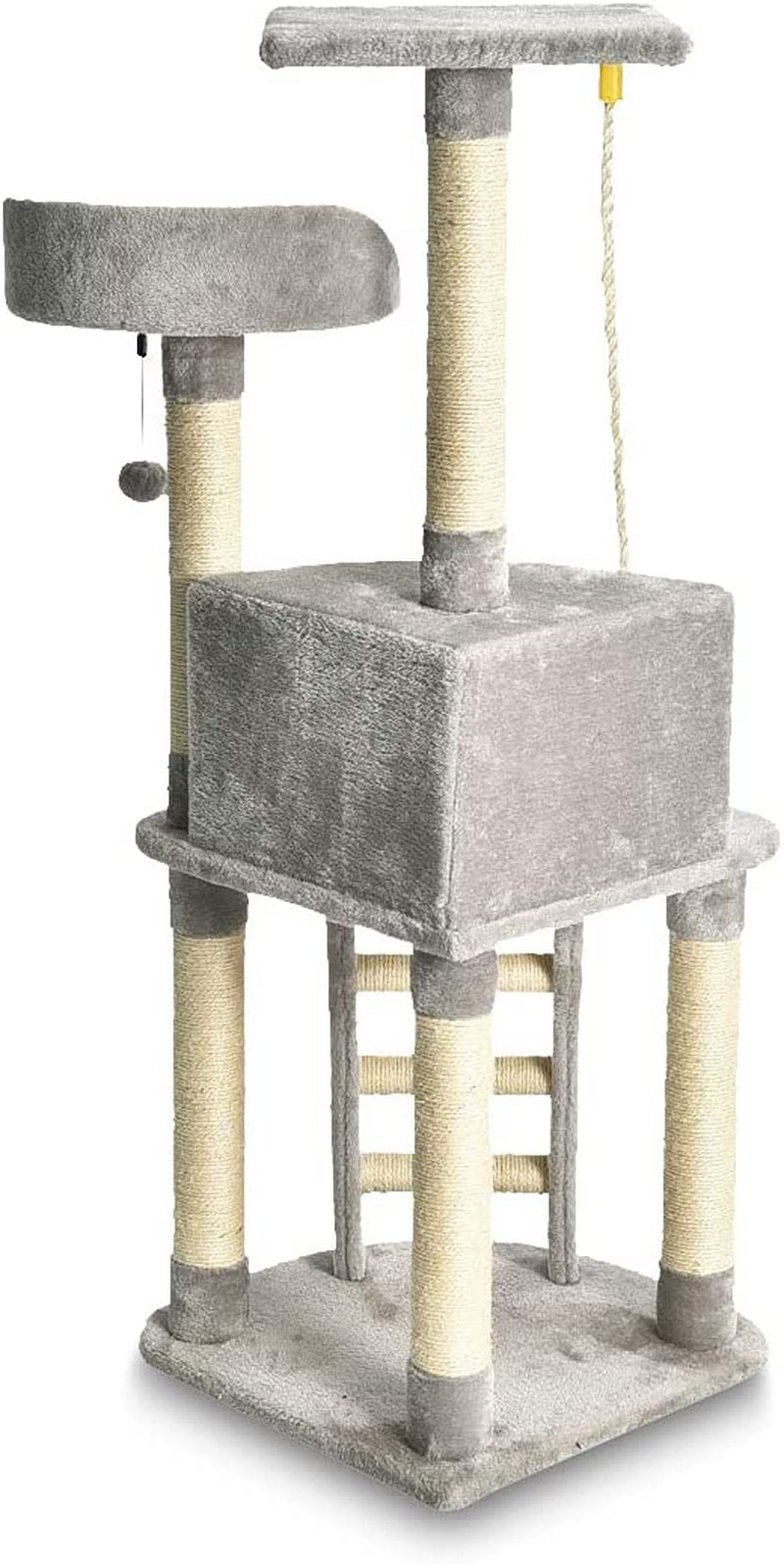 Cat Condo Tree Tower with Scratching Post and Step Ladder - 19 X 19 X 52 Inches, Light Grey