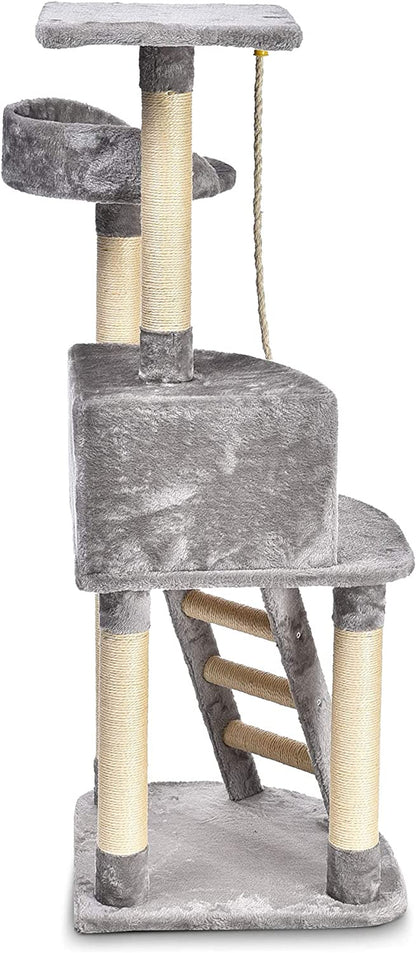 Cat Condo Tree Tower with Scratching Post and Step Ladder - 19 X 19 X 52 Inches, Light Grey