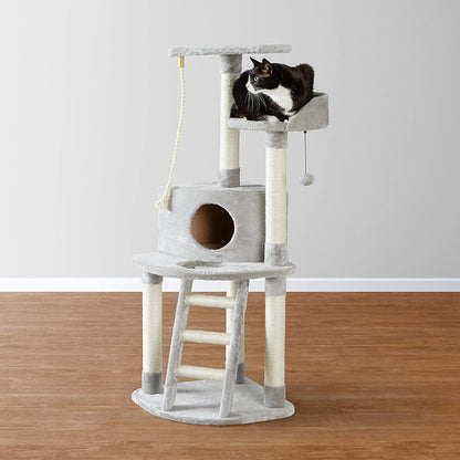 Cat Condo Tree Tower with Scratching Post and Step Ladder - 19 X 19 X 52 Inches, Light Grey