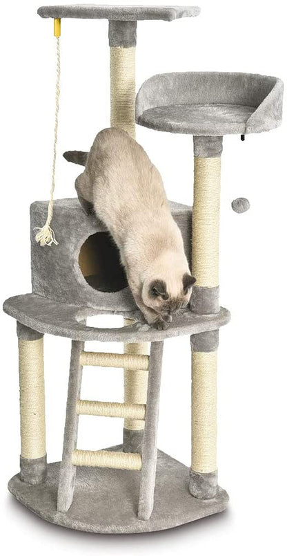 Cat Condo Tree Tower with Scratching Post and Step Ladder - 19 X 19 X 52 Inches, Light Grey