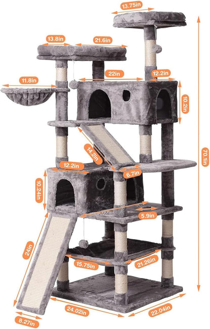 Cat Tree Cat Tower 70.1 In, Multi Level Cat Scratching Post with Condos, Ladders, Basket, Hammock & Plush Perches for Kittens, Large Cats, Light Gray