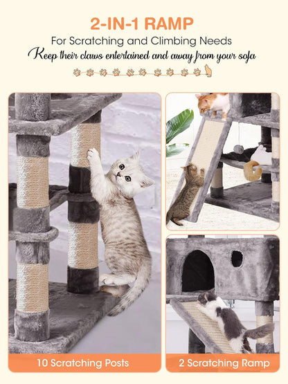 Cat Tree Cat Tower 70.1 In, Multi Level Cat Scratching Post with Condos, Ladders, Basket, Hammock & Plush Perches for Kittens, Large Cats, Light Gray