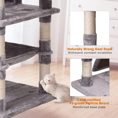 Cat Tree Cat Tower 70.1 In, Multi Level Cat Scratching Post with Condos, Ladders, Basket, Hammock & Plush Perches for Kittens, Large Cats, Light Gray