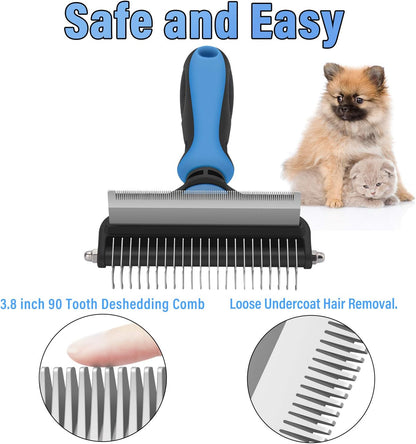 Dog Grooming Brush, 2 in 1 Dog Undercoat Rake for Small Dogs and Cats Shedding, Safe Dematting Comb Deshedding Tool for Pet Matted Hair (Small Blue)