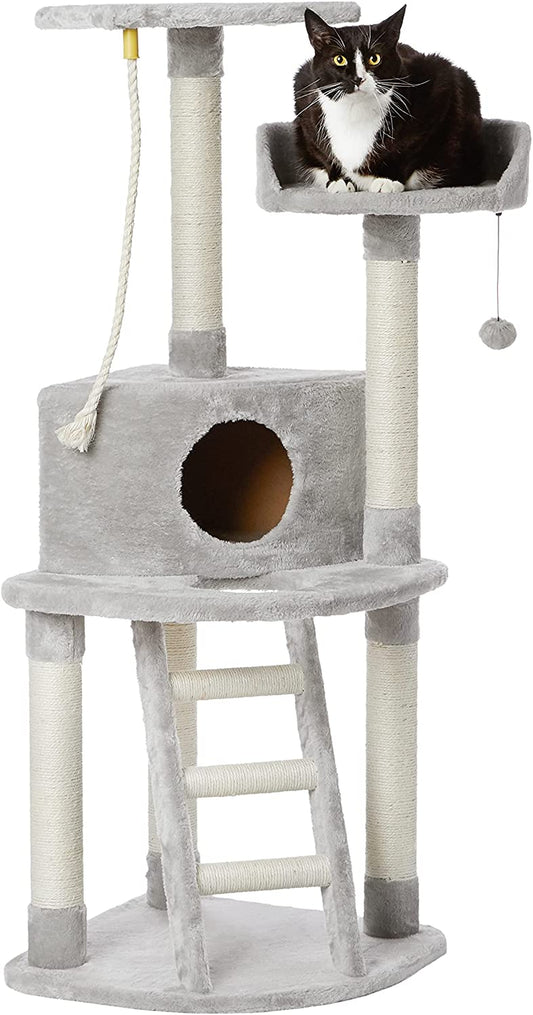 Cat Condo Tree Tower with Scratching Post and Step Ladder - 19 X 19 X 52 Inches, Light Grey