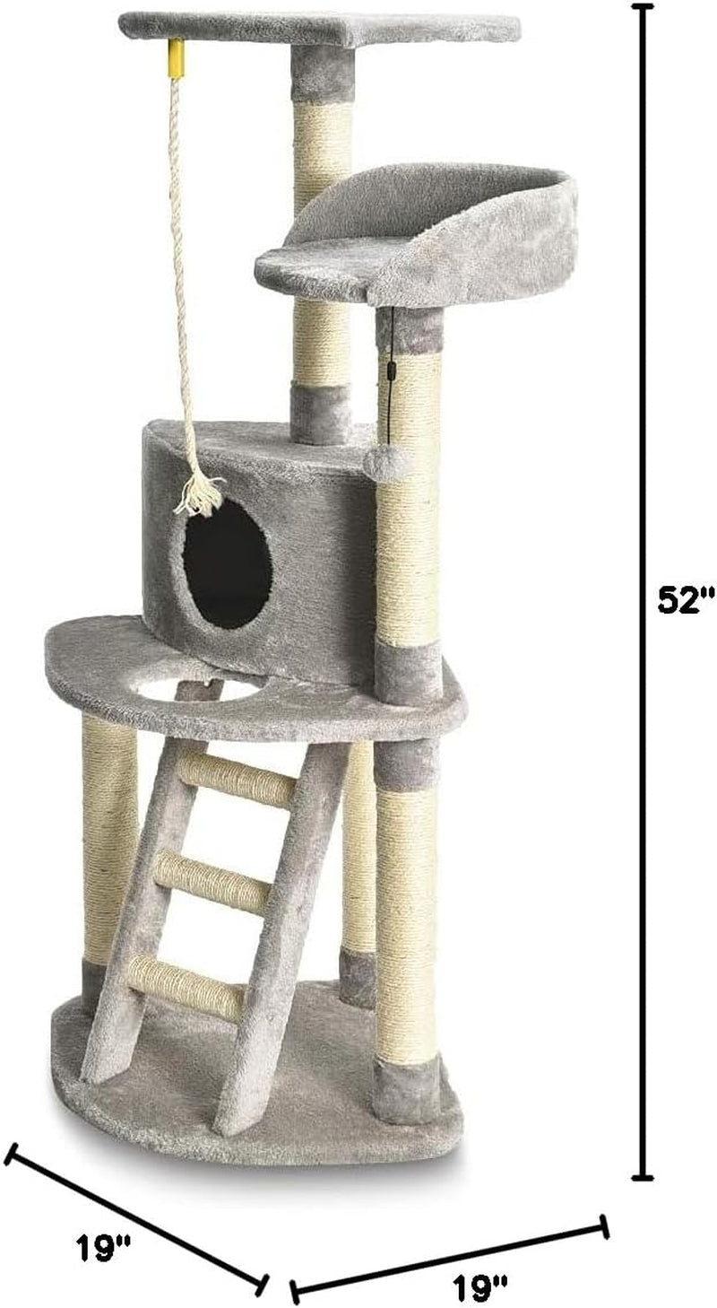 Cat Condo Tree Tower with Scratching Post and Step Ladder - 19 X 19 X 52 Inches, Light Grey